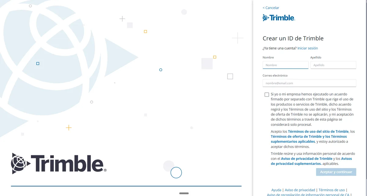 Formulario Crear un ID de Trimble con los campos nombre, apellido y correo electrónico