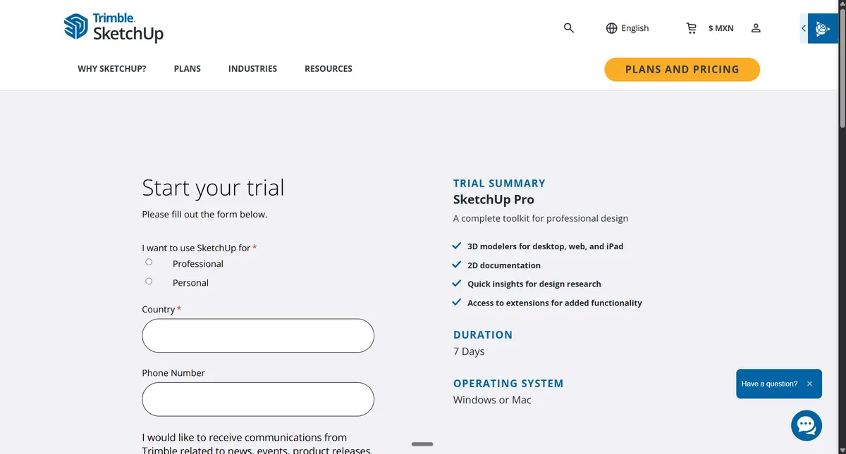 Formulario Start your trial con las opciones Professional y Personal, país y teléfono