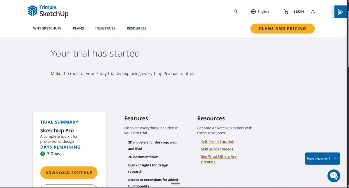 Pantalla Your trial has started con el botón Download SketchUp