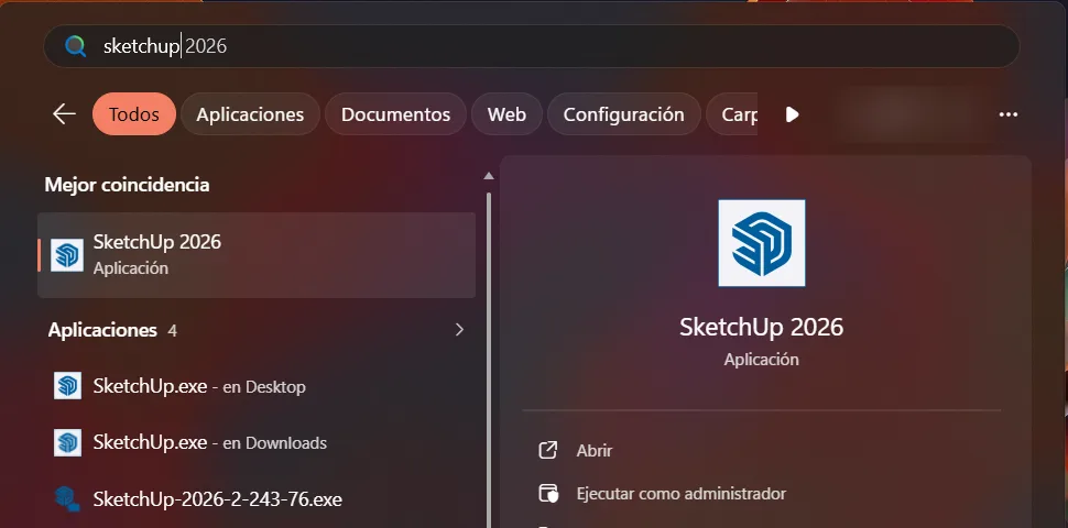 Menú de inicio de Windows buscando SketchUp 2026