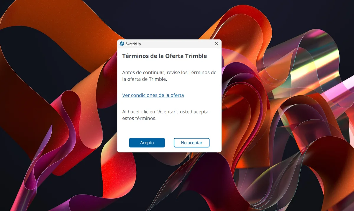 Ventana de términos de la oferta de Trimble con los botones Acepto y No aceptar