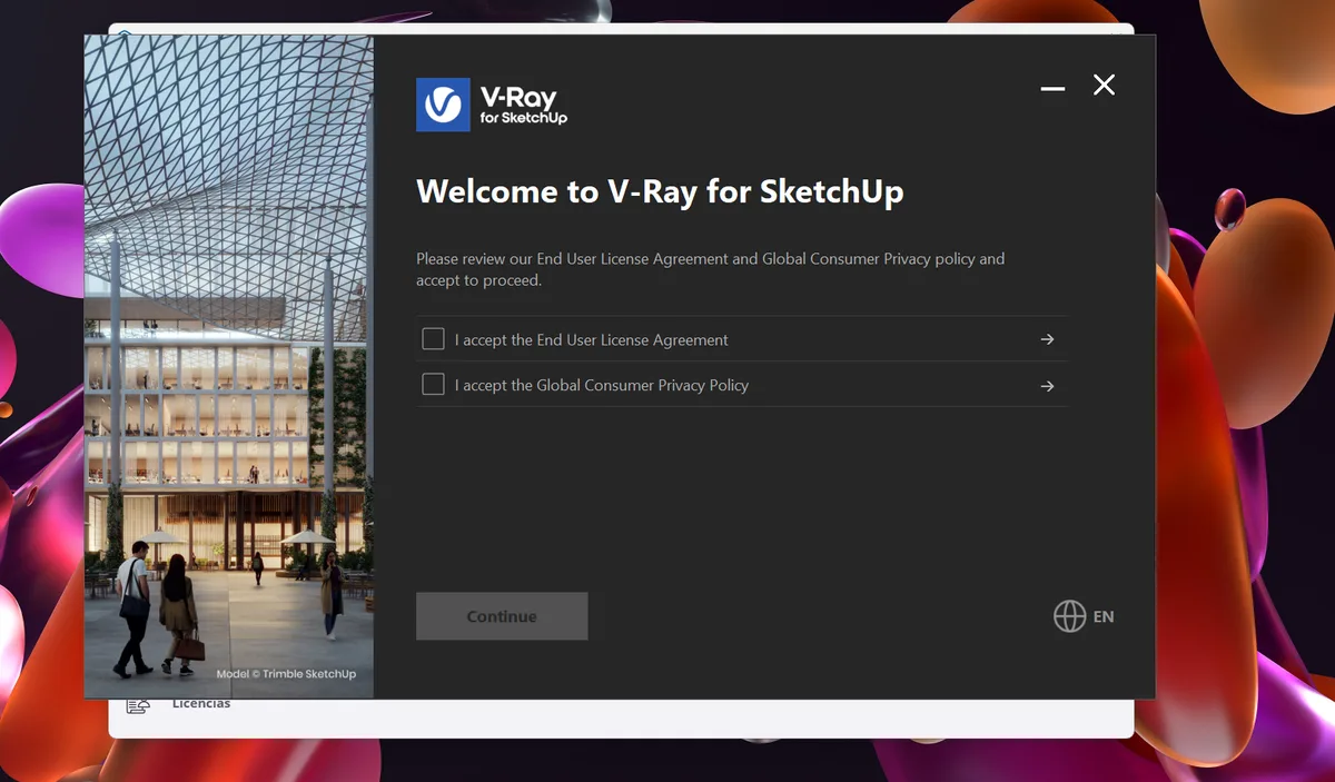 Instalador de V-Ray con las dos casillas de licencia y privacidad marcadas