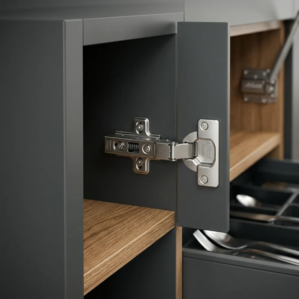 Detalle de herraje premium y tapacanto industrial grueso